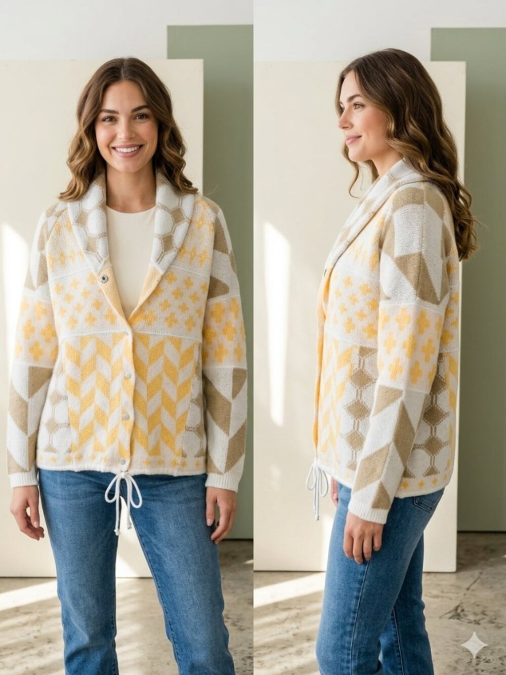 Unbranded Cream Yellow Tan Knitted Cardigan Snap Button Women's Coat Size Large